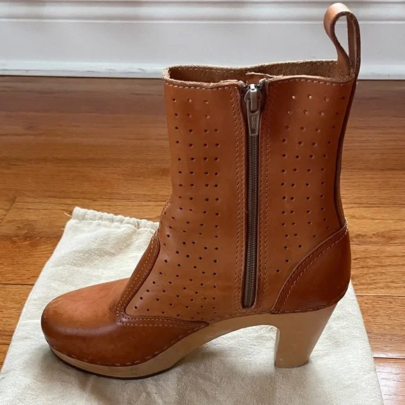 Swedish HASBEENS Perforated Tan Leather Platform Ankle Boots Size 38 - Picture 7 of 12